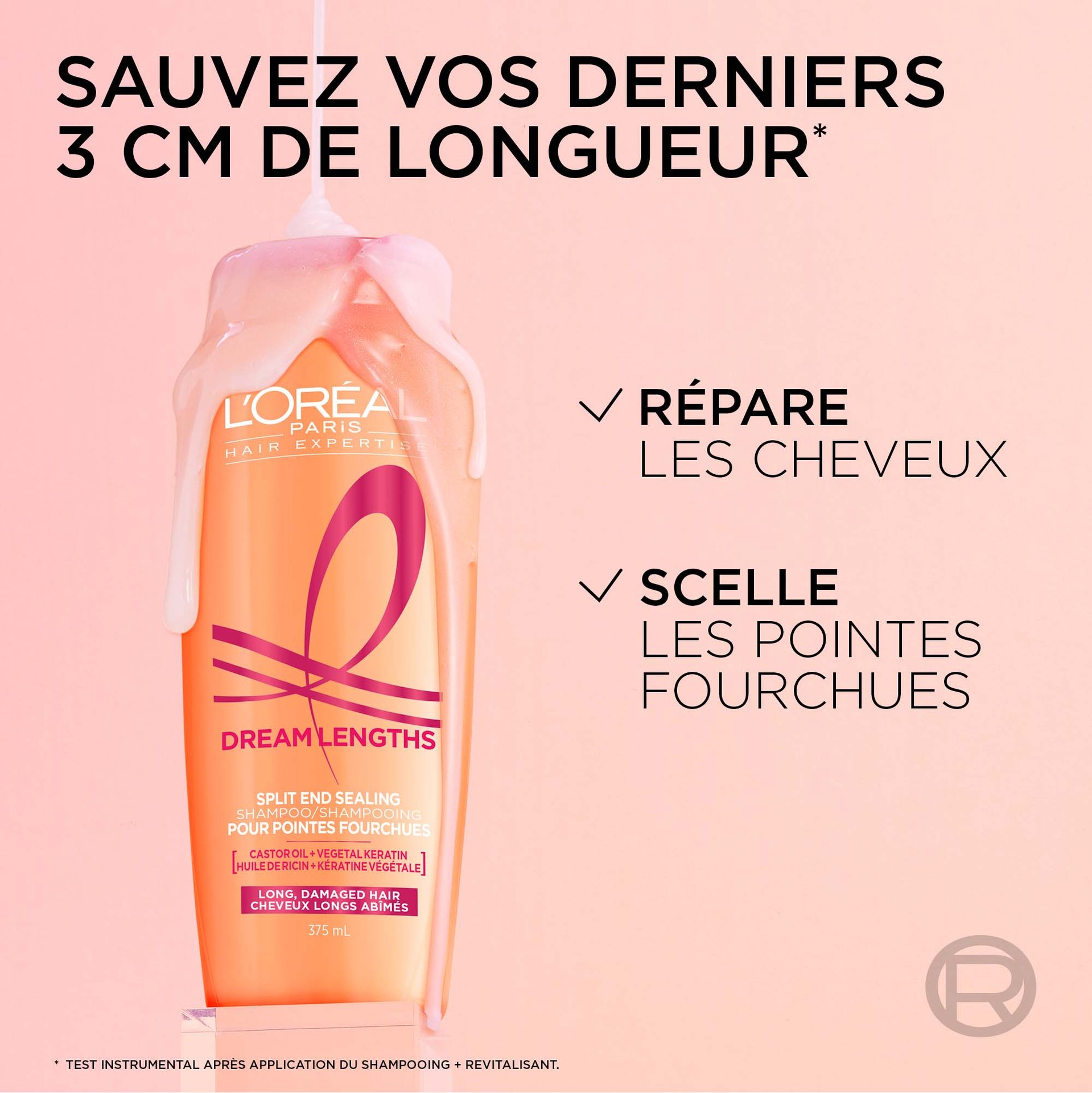 1 bouteille de shampoing dream lenghts qui sauve les 3 derniers cm de longueur, qui scelle et répare les cheveux et pointes fourchues